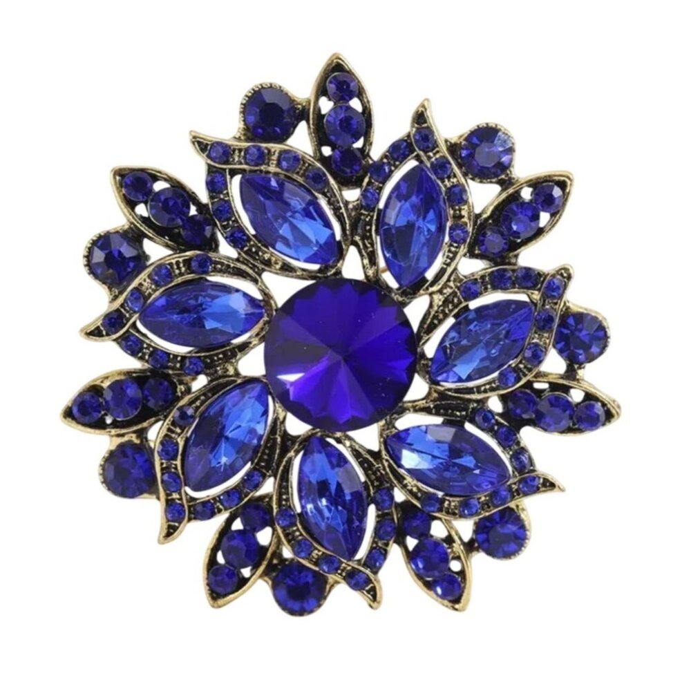Cobalt Blue Crystal Flower Brooch Pin Pinwheel Rivoli